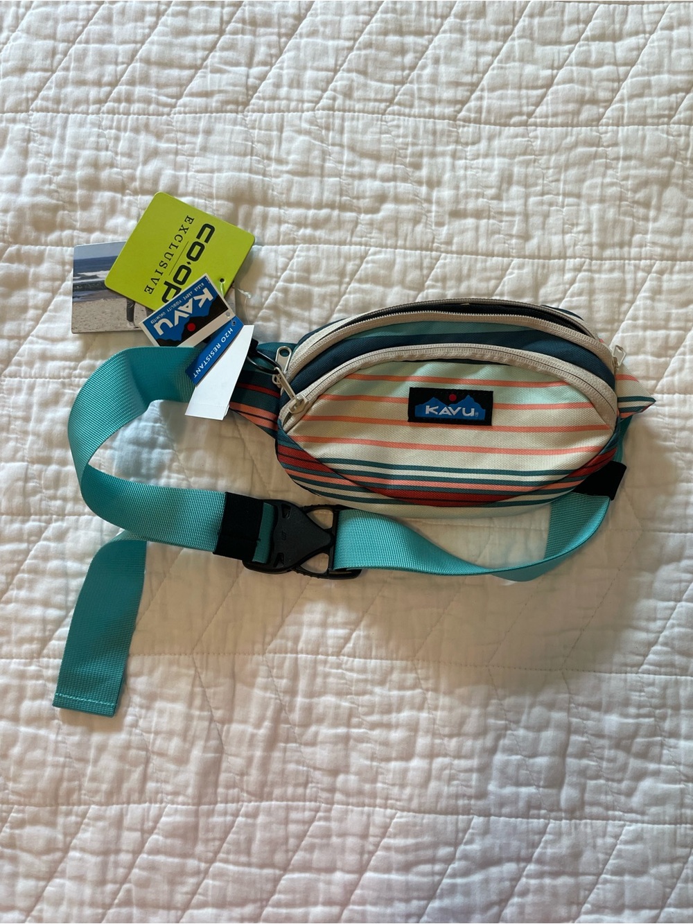 Kavu Camp Stripe Waist Pack in Teal and Coral Stripe